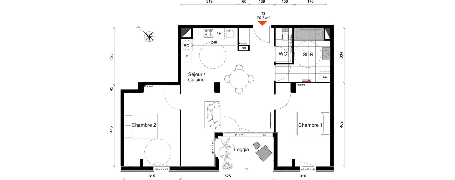 Appartement T3 de 70,70 m2 &agrave; Reims Cath&eacute;drale