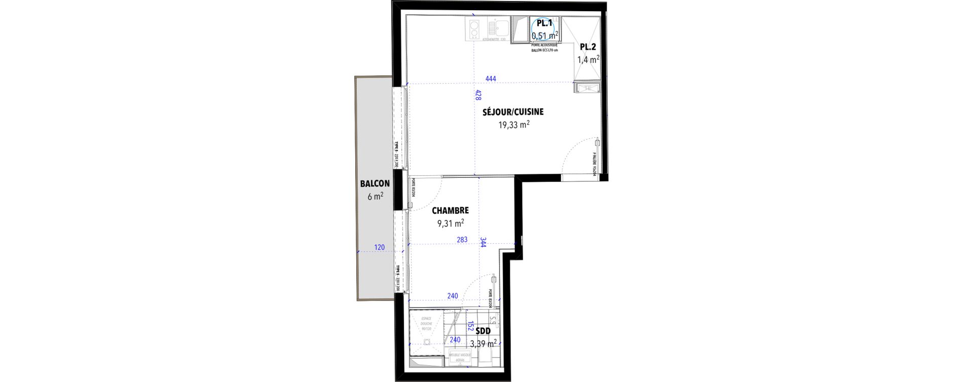 Appartement T2 de 33,94 m2 &agrave; Reims Centre