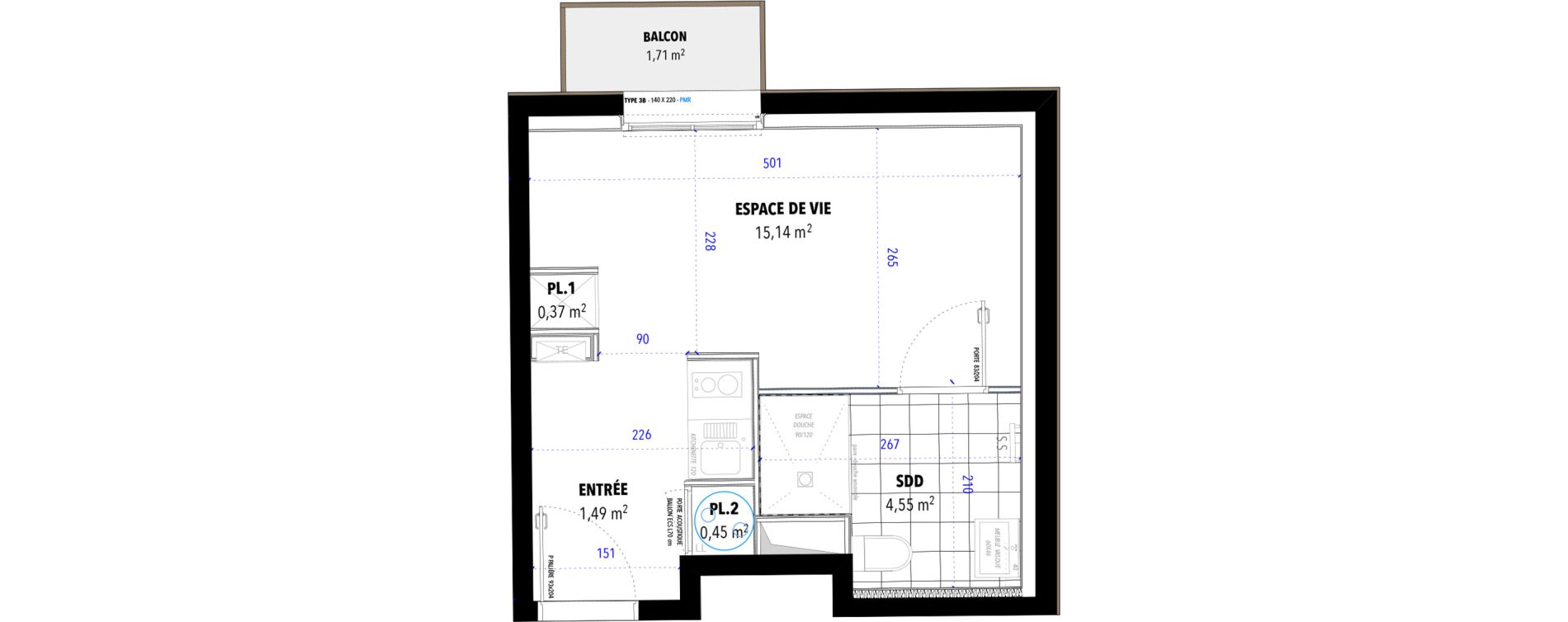 Appartement T1 de 22,00 m2 &agrave; Reims Centre