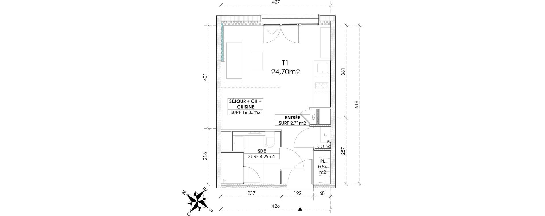 Appartement T1 de 24,70 m2 &agrave; Reims Maison blanche - sainte anne - wilson