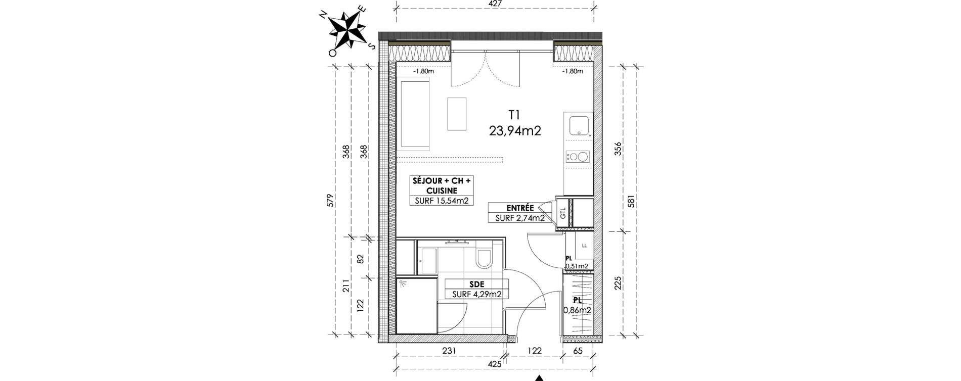 Appartement T1 de 23,94 m2 &agrave; Reims Maison blanche - sainte anne - wilson