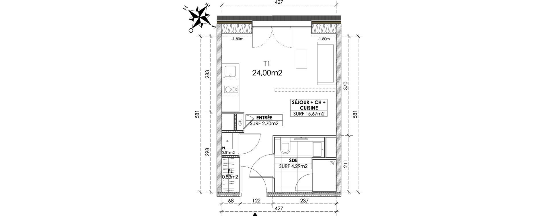 Appartement T1 de 24,00 m2 &agrave; Reims Maison blanche - sainte anne - wilson