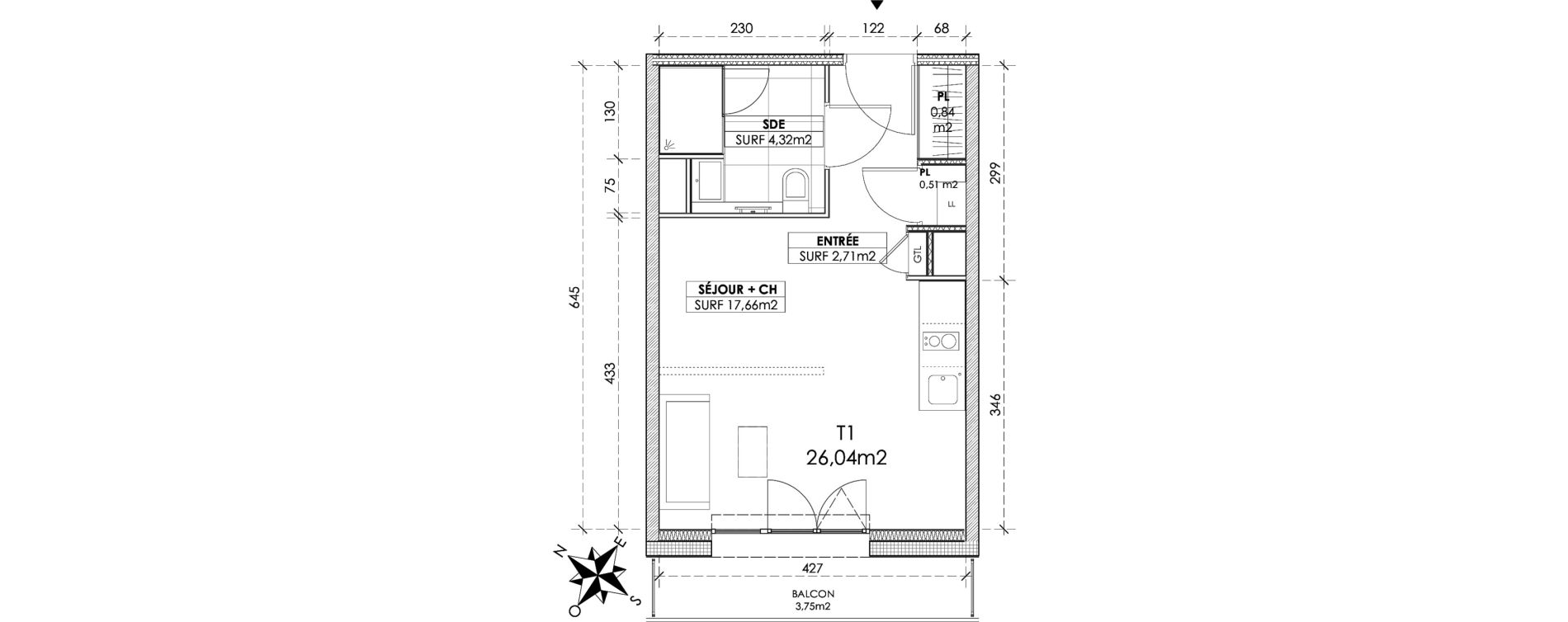 Appartement T1 de 26,04 m2 &agrave; Reims Maison blanche - sainte anne - wilson