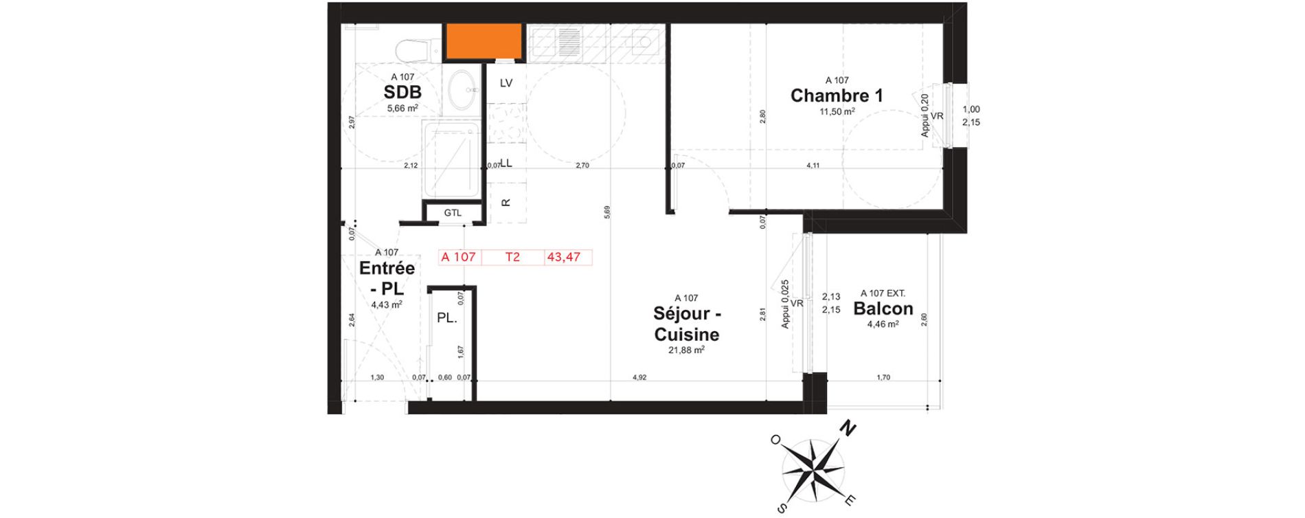 Appartement T2 de 43,47 m2 &agrave; Reims Clairmarais