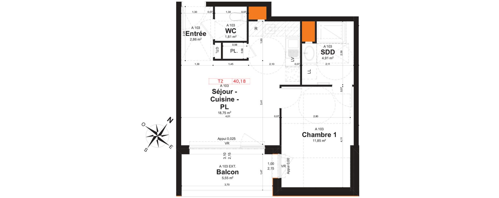 Appartement T2 de 40,18 m2 &agrave; Reims Clairmarais