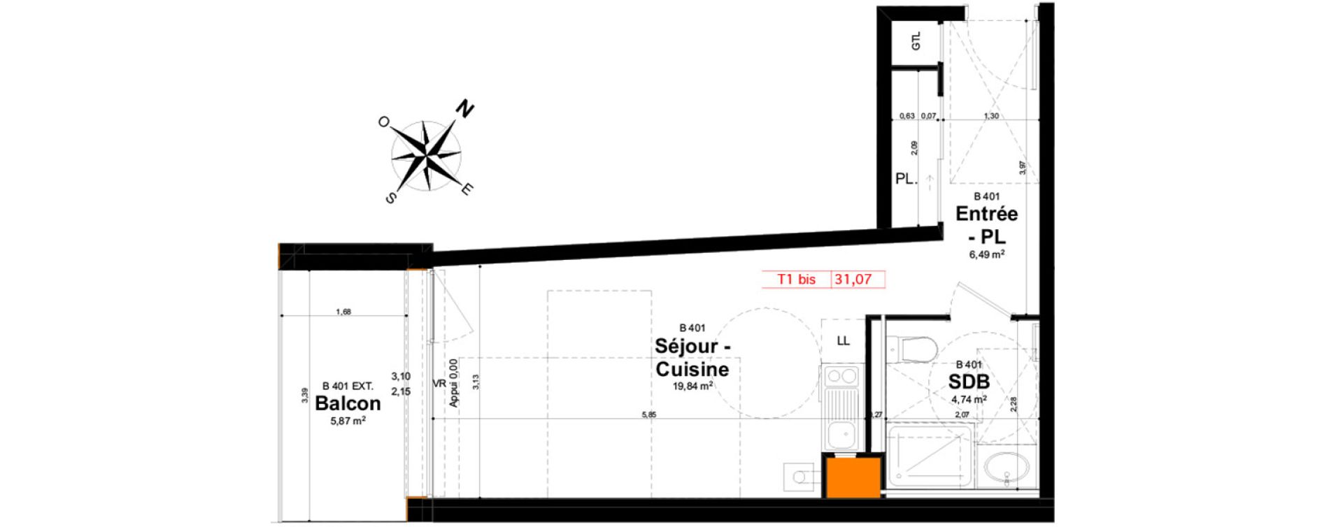 Appartement T1 de 31,07 m2 &agrave; Reims Clairmarais