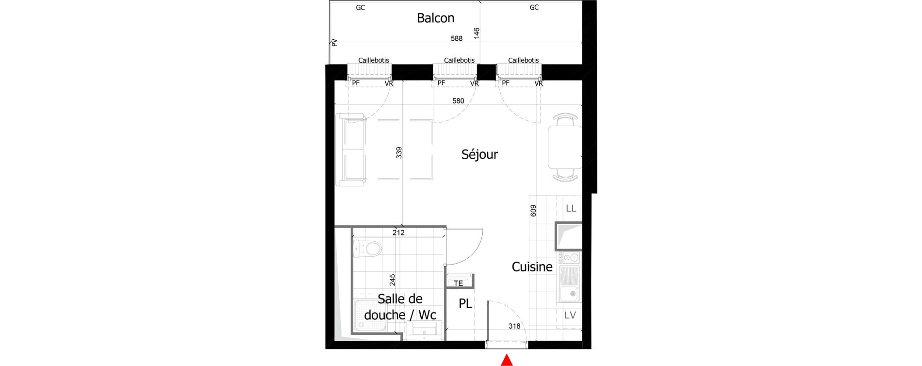 Appartement T1 de 33,17 m2 &agrave; Reims Courlancy