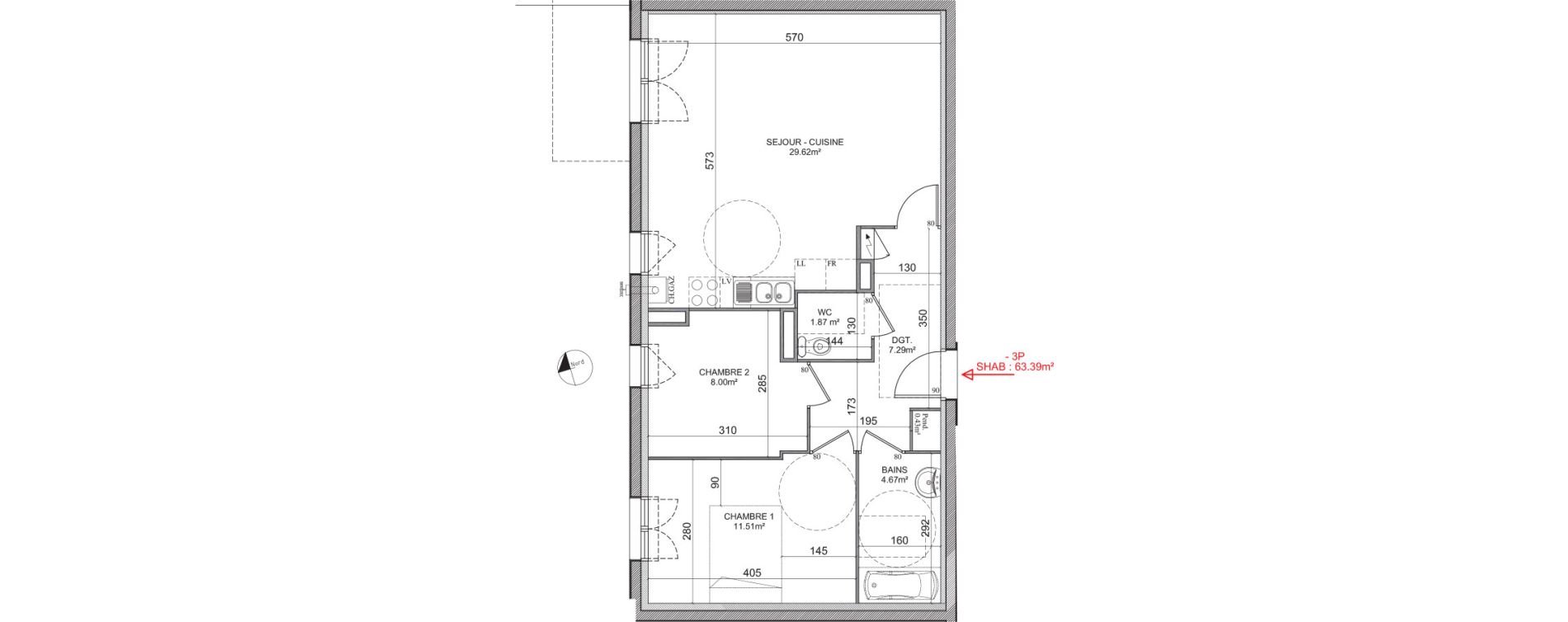 Appartement T3 de 63,39 m2 &agrave; Gu&eacute;nange Centre