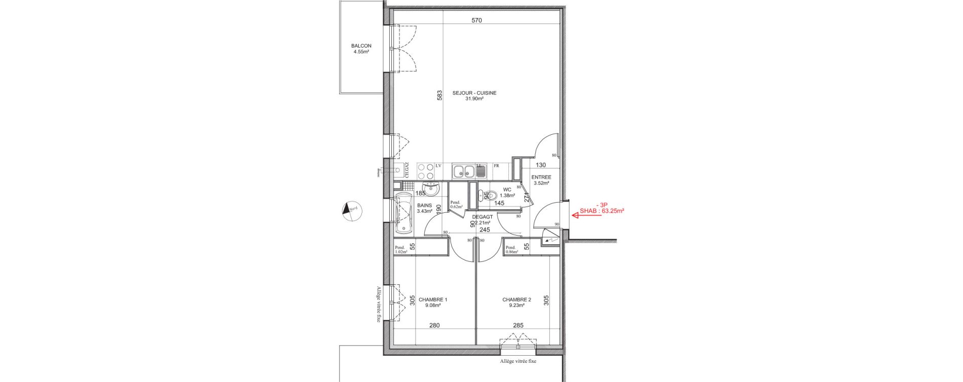 Appartement T3 de 63,25 m2 &agrave; Gu&eacute;nange Centre