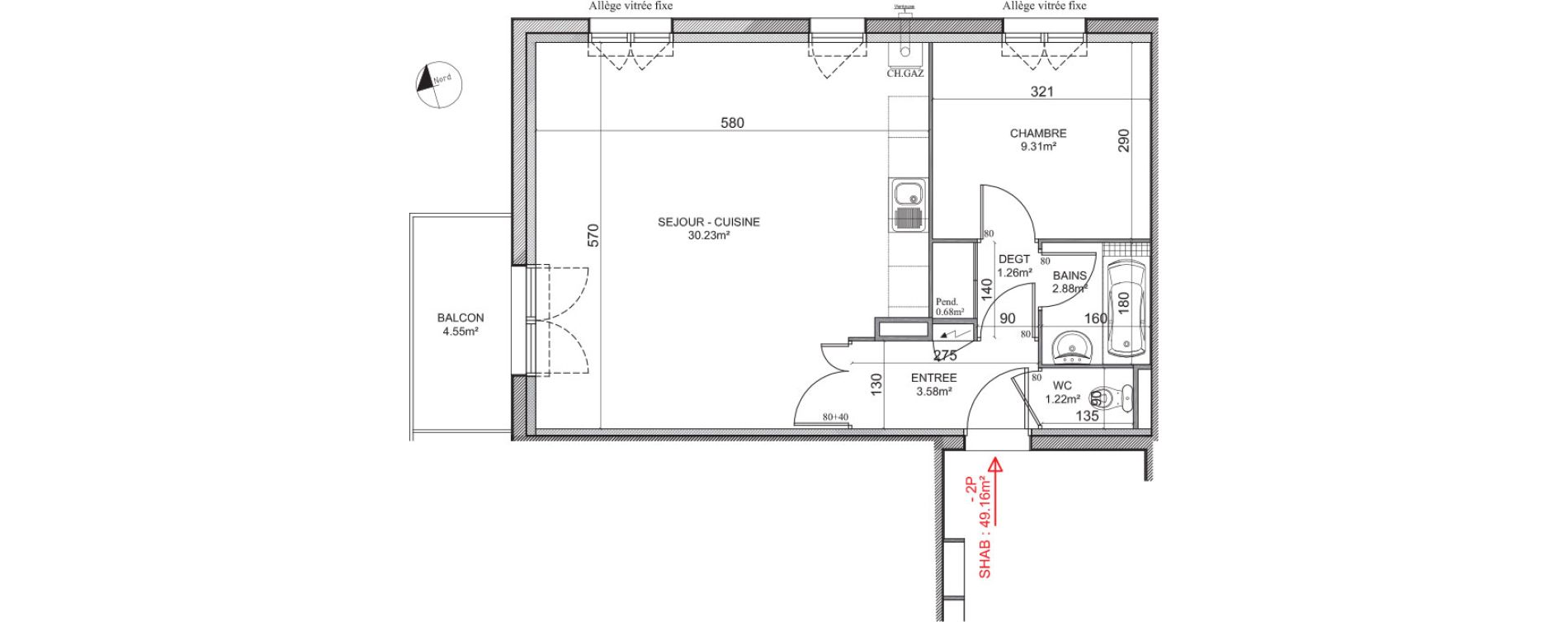 Appartement T2 de 49,16 m2 &agrave; Gu&eacute;nange Centre
