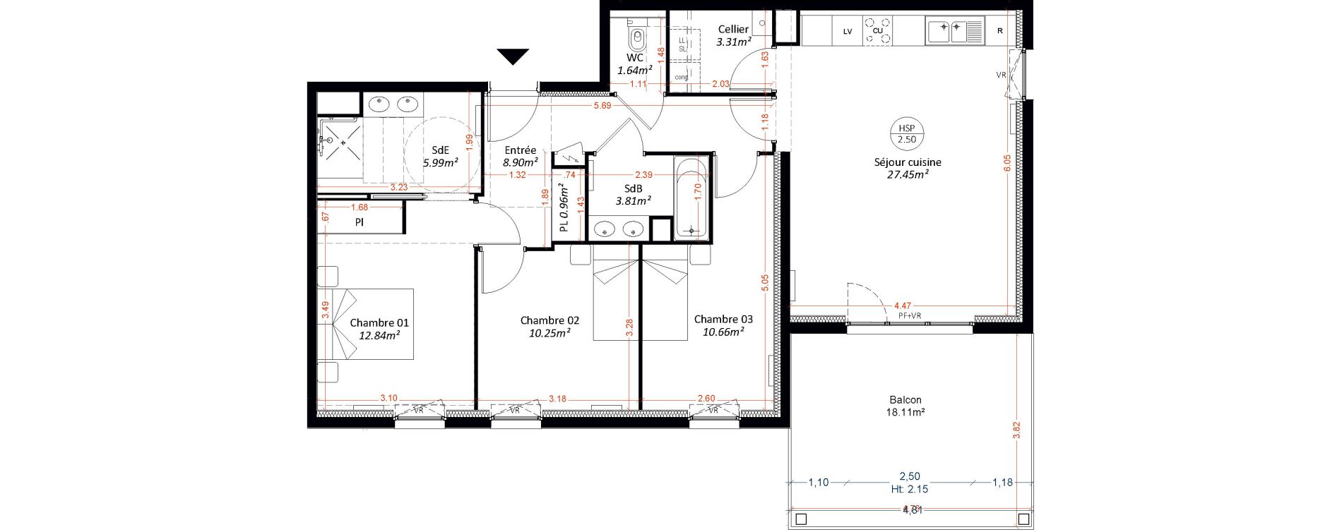 Appartement T4 de 85,81 m2 &agrave; Maizi&egrave;res-L&egrave;s-Metz Centre