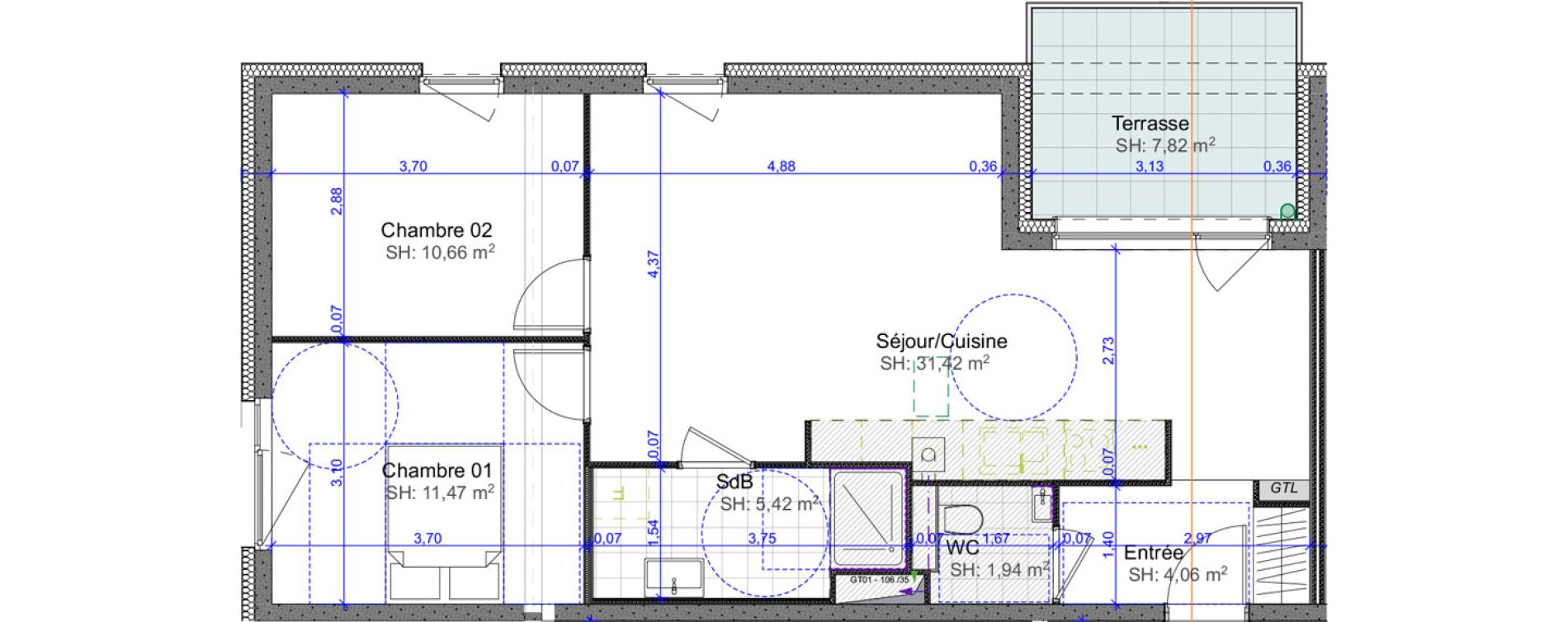 Appartement T3 de 64,97 m2 &agrave; Marly Centre