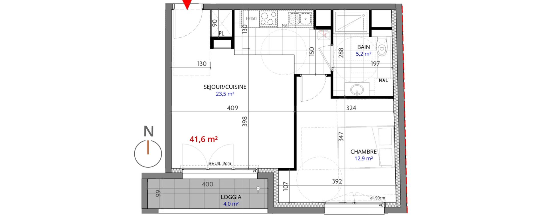 Appartement T2 de 41,60 m2 &agrave; Metz Planti&egrave;res - queuleu