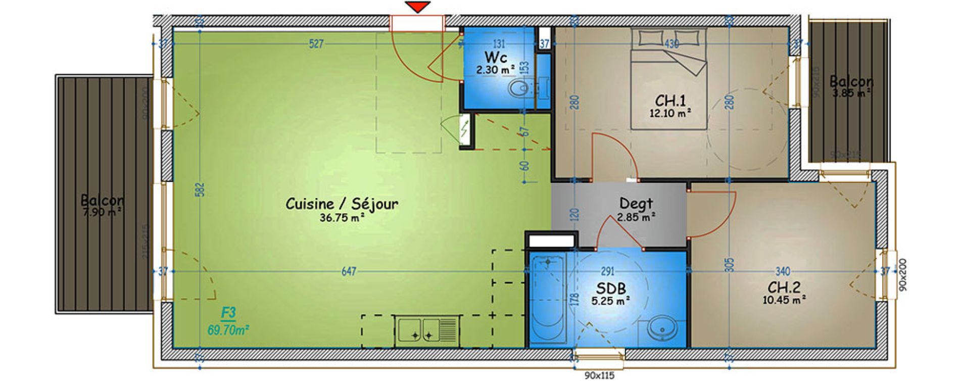 Appartement T3 de 69,70 m2 &agrave; Metz Planti&egrave;res - queuleu