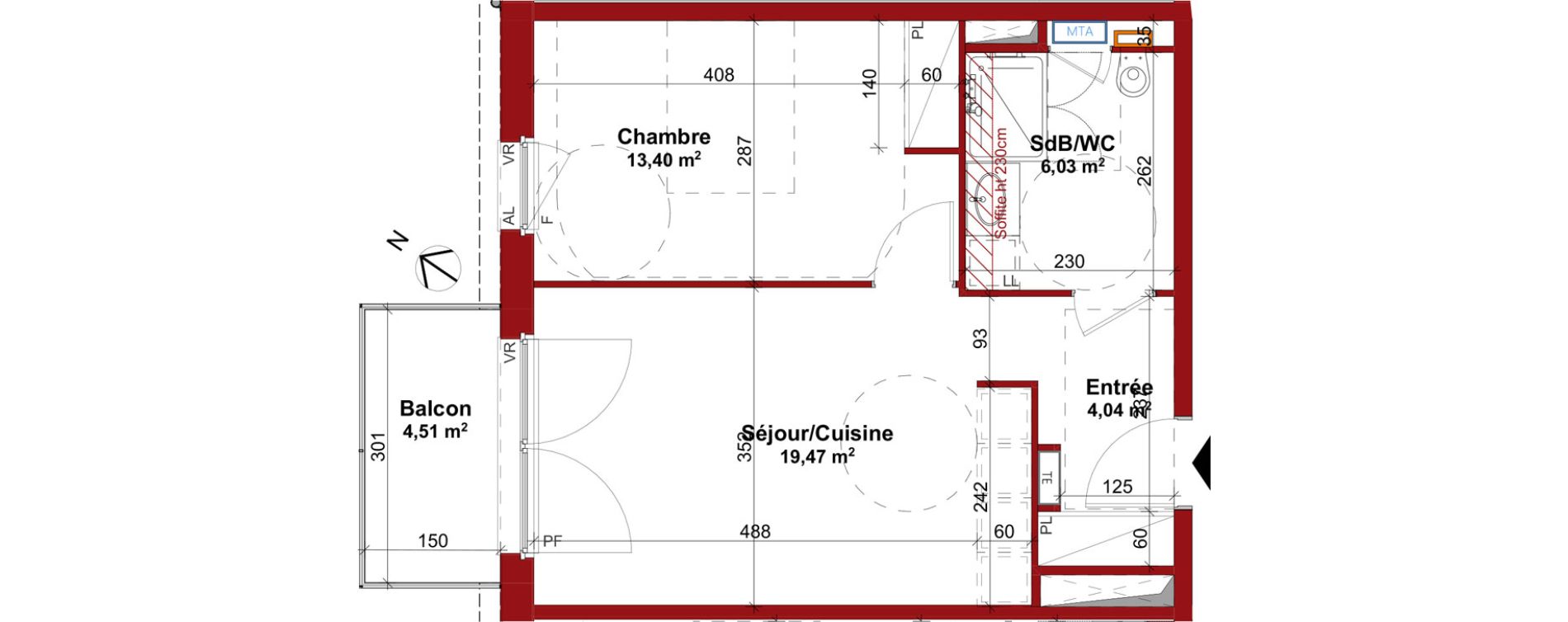 Appartement T2 meubl&eacute; de 42,94 m2 &agrave; Sarreguemines Centre