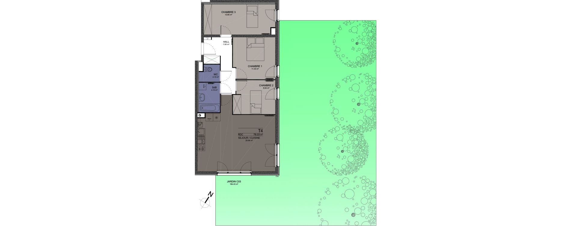 Appartement T4 de 78,03 m2 &agrave; Ann&oelig;ullin Centre