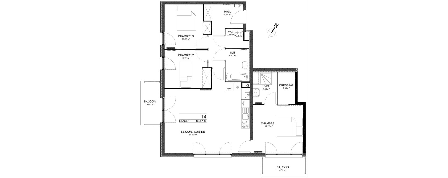 Appartement T4 de 83,57 m2 &agrave; Ann&oelig;ullin Centre