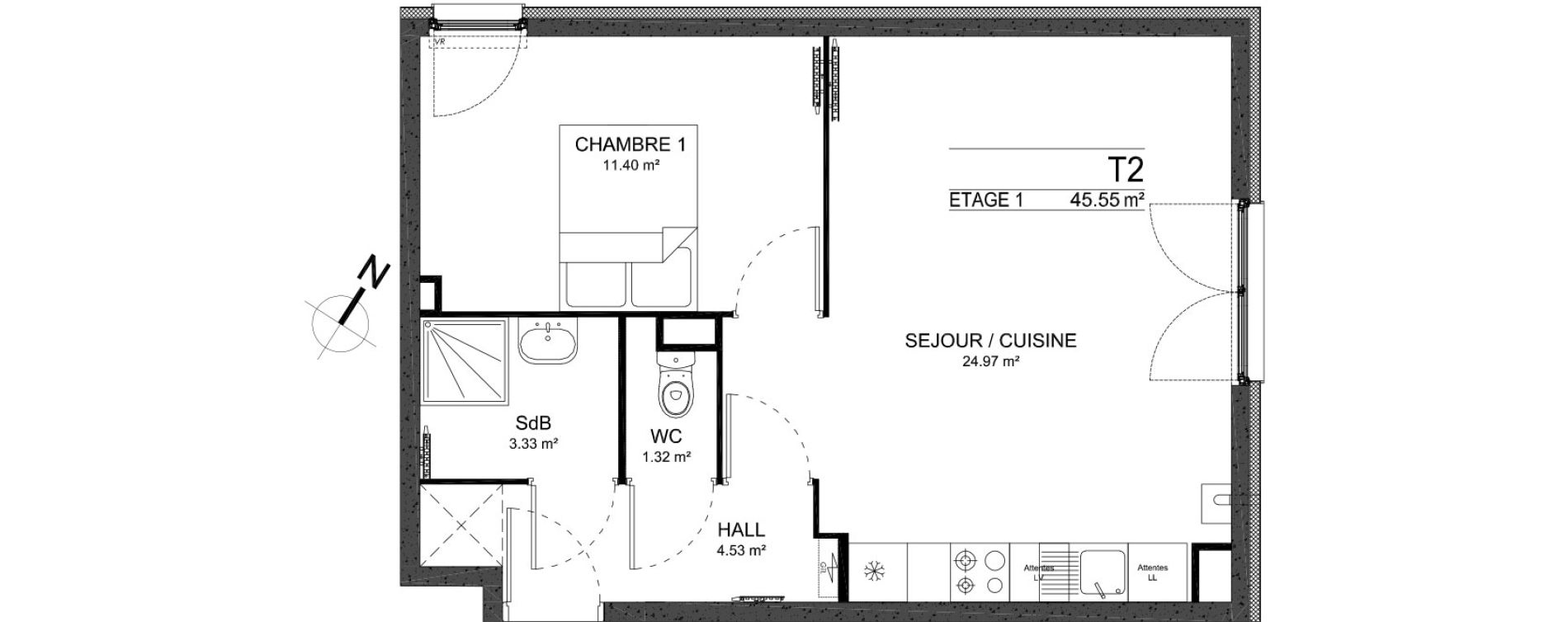 Appartement T2 de 45,55 m2 &agrave; Ann&oelig;ullin Centre