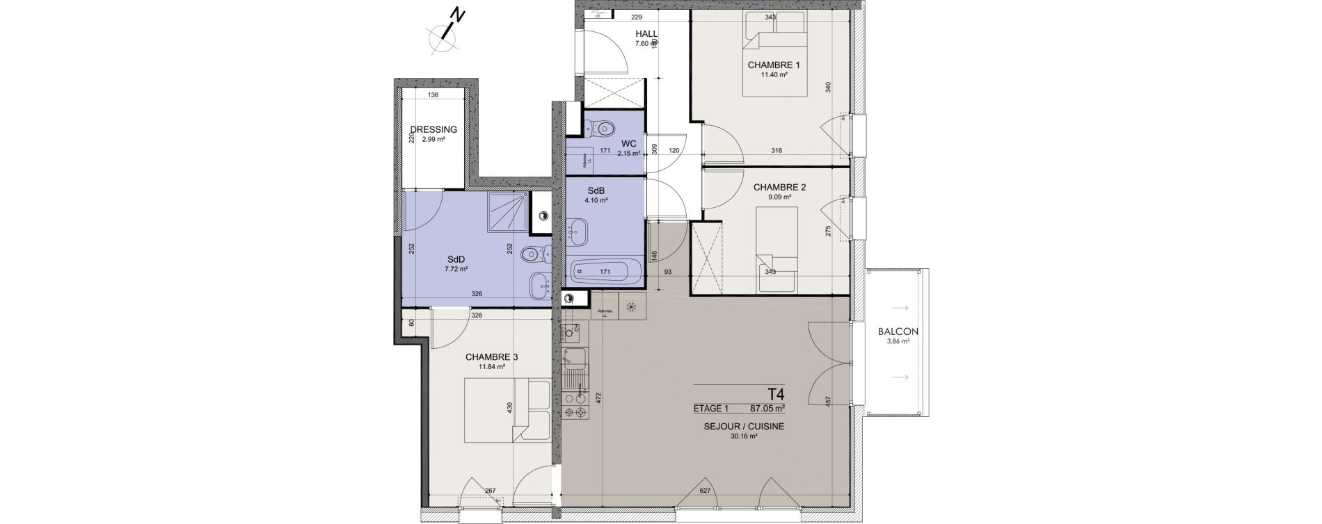 Appartement T4 de 87,05 m2 &agrave; Ann&oelig;ullin Centre