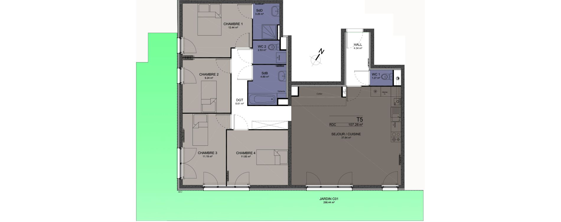 Appartement T5 de 107,26 m2 &agrave; Ann&oelig;ullin Centre