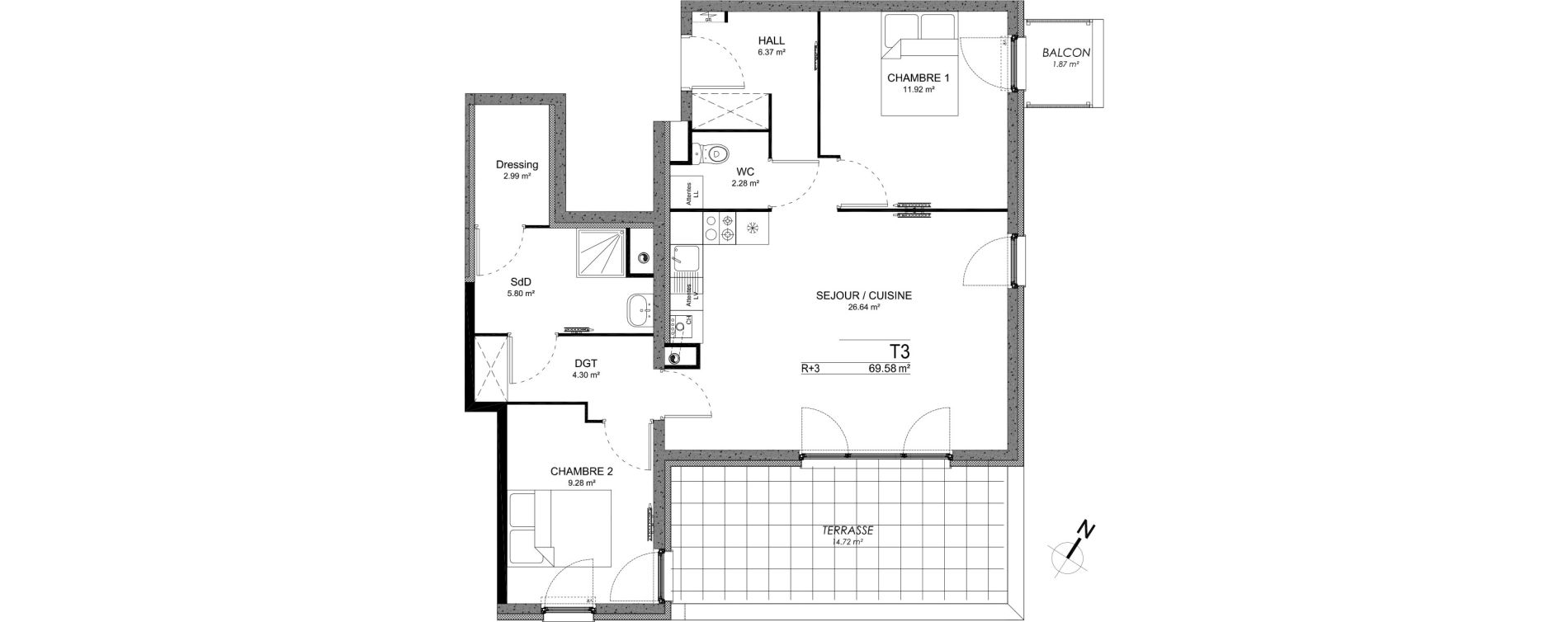 Appartement T3 de 69,58 m2 &agrave; Ann&oelig;ullin Centre