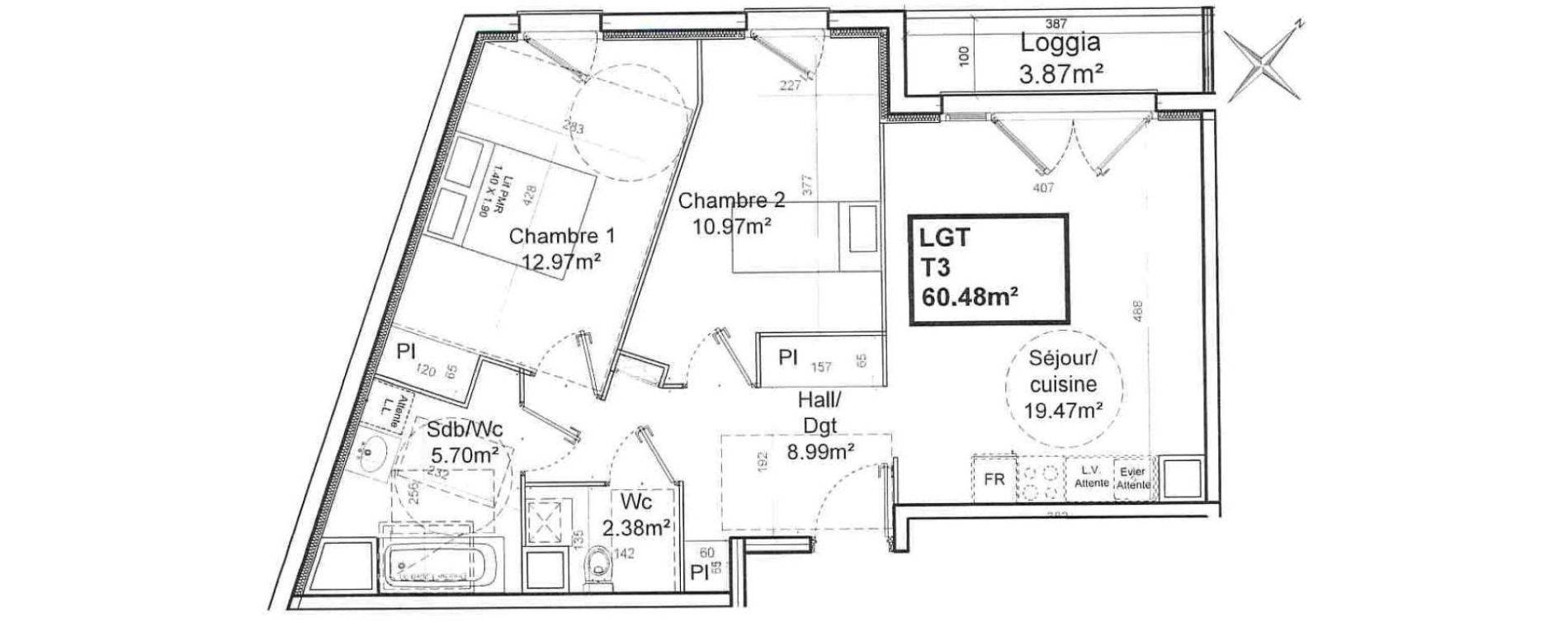 Appartement T3 de 60,48 m2 &agrave; Armenti&egrave;res Centre