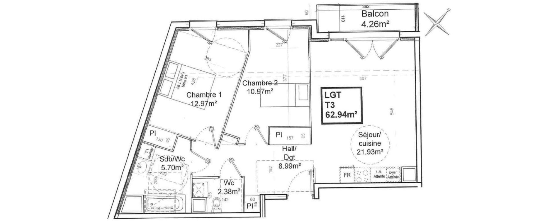 Appartement T3 de 62,94 m2 &agrave; Armenti&egrave;res Centre