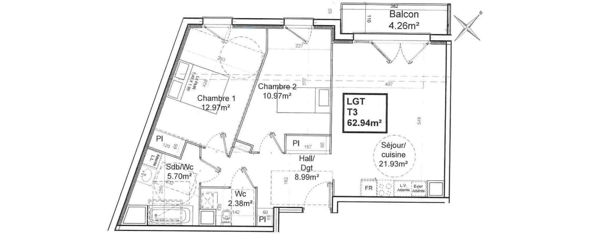 Appartement T3 de 62,94 m2 &agrave; Armenti&egrave;res Centre
