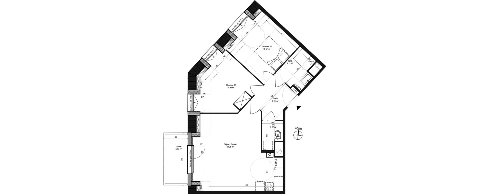 Appartement T3 de 57,21 m2 &agrave; Capinghem Centre
