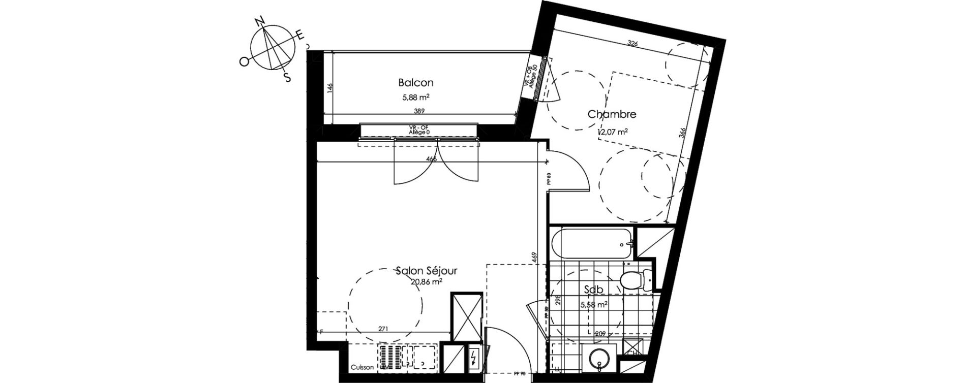 Appartement T2 de 38,51 m2 &agrave; Croix Centre