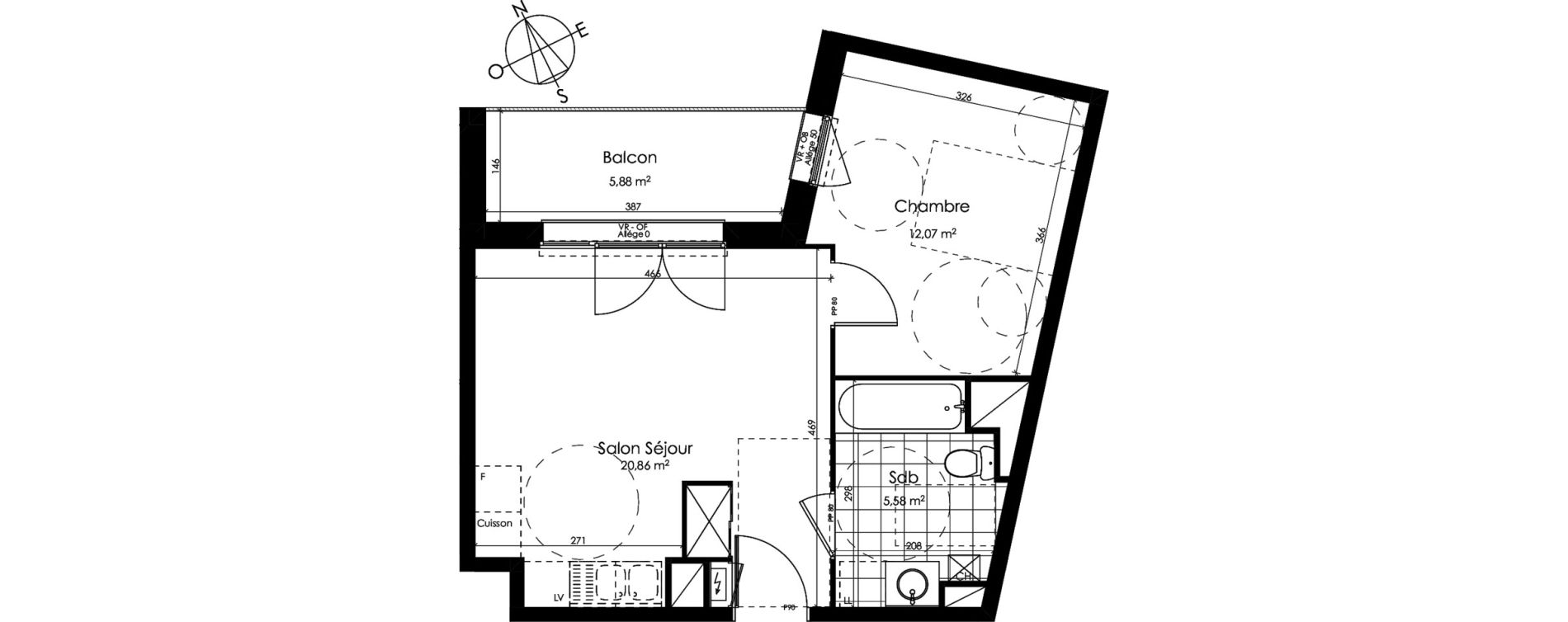 Appartement T2 de 38,51 m2 &agrave; Croix Centre
