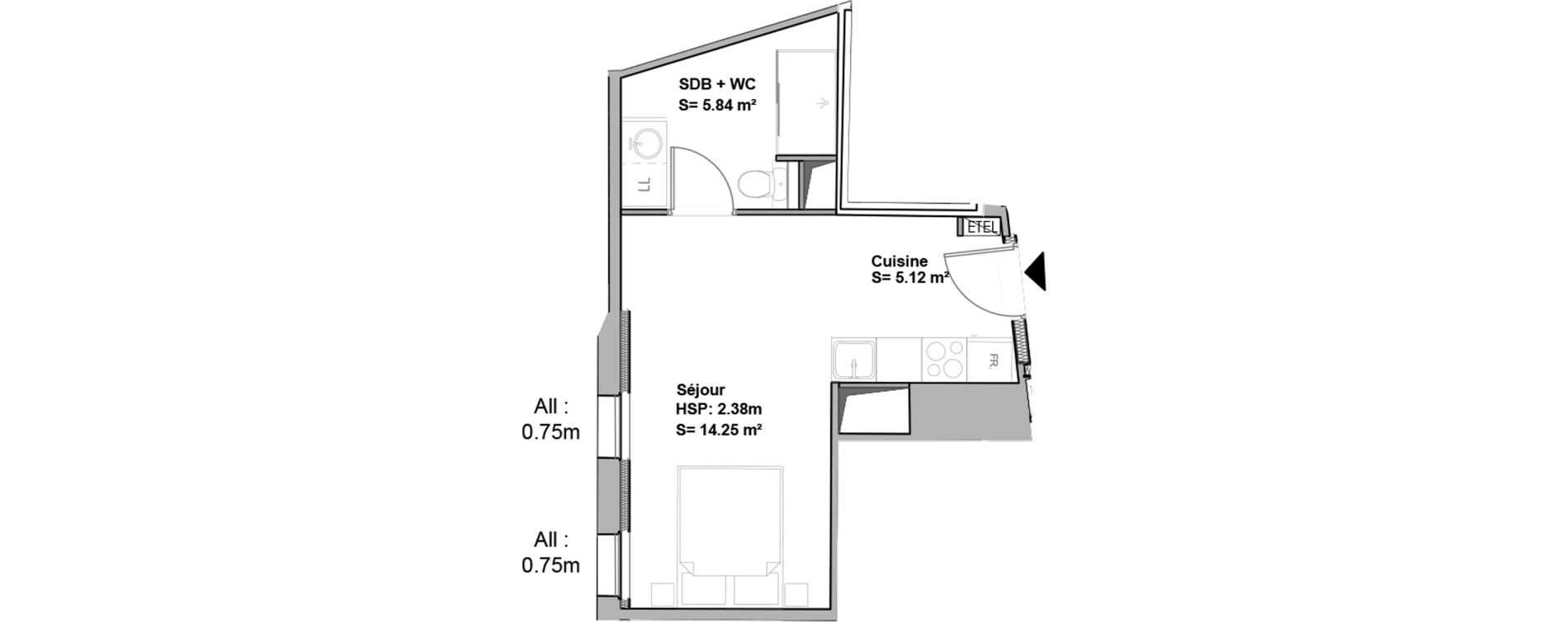 Appartement T1 de 25,21 m2 &agrave; Douai Casernes caux - corbineau