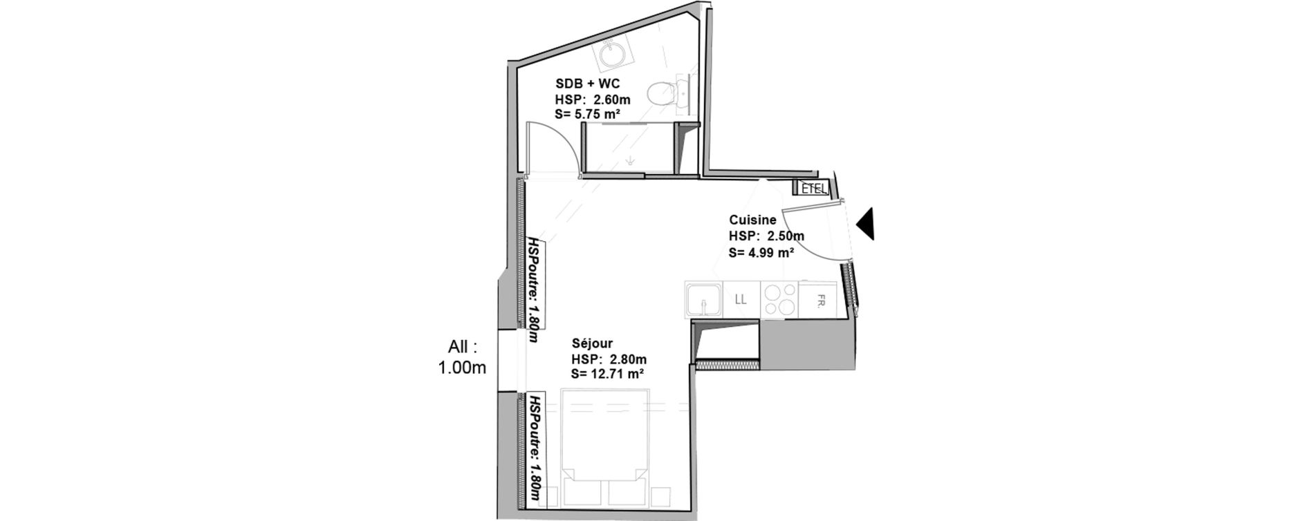 Appartement T1 de 23,45 m2 &agrave; Douai Casernes caux - corbineau