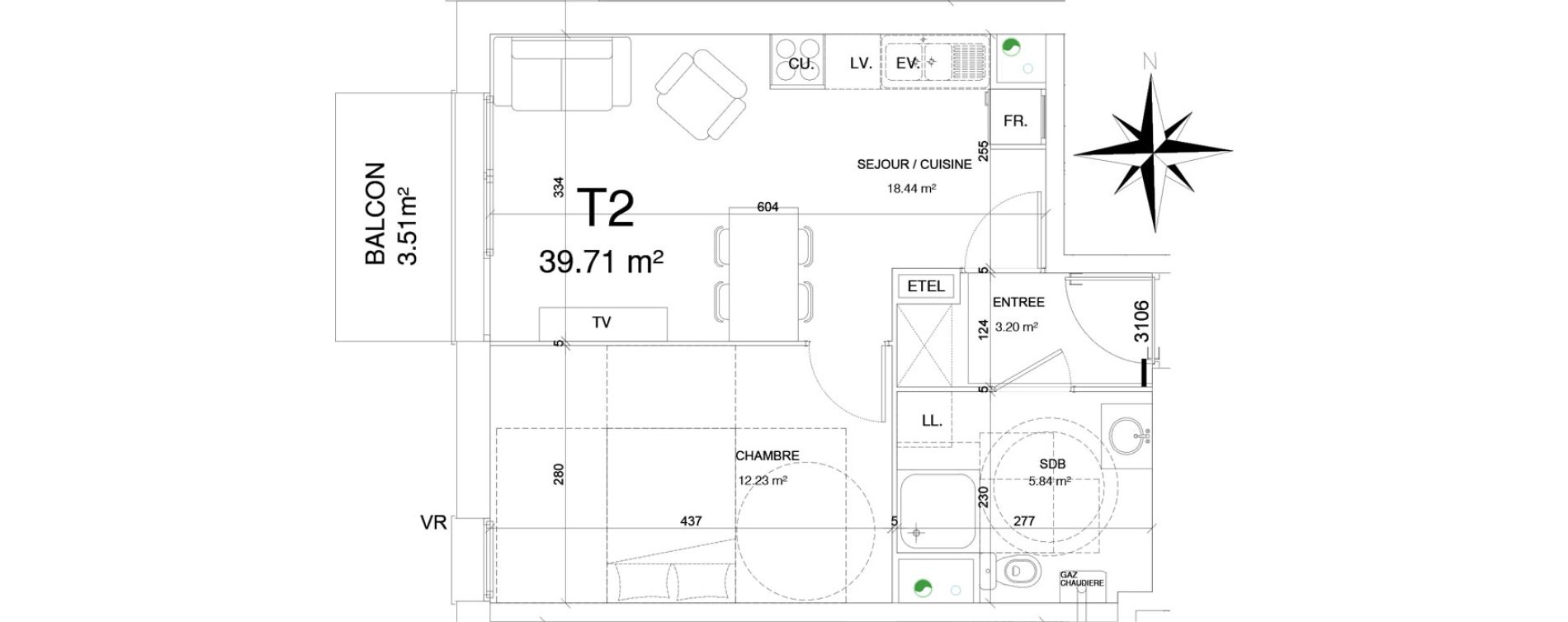 Appartement T2 de 39,71 m2 &agrave; Douai Frais marais