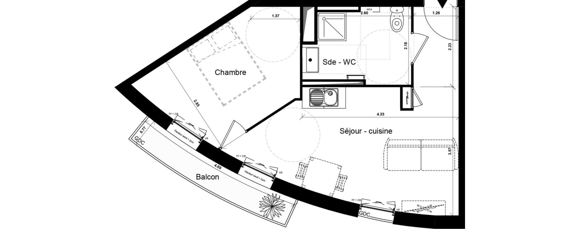 Appartement T2 de 36,80 m2 &agrave; Dunkerque Rosenda&euml;l