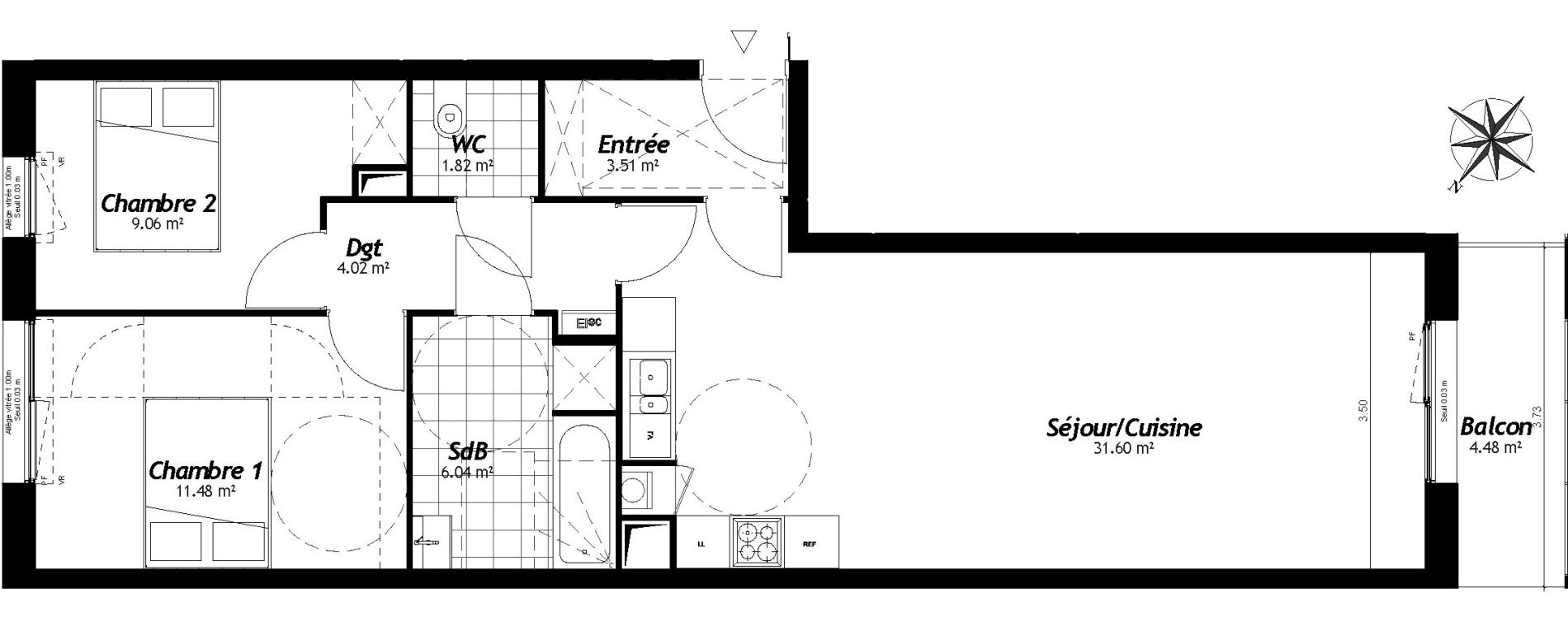 Appartement T3 de 67,53 m2 &agrave; Faches-Thumesnil Centre