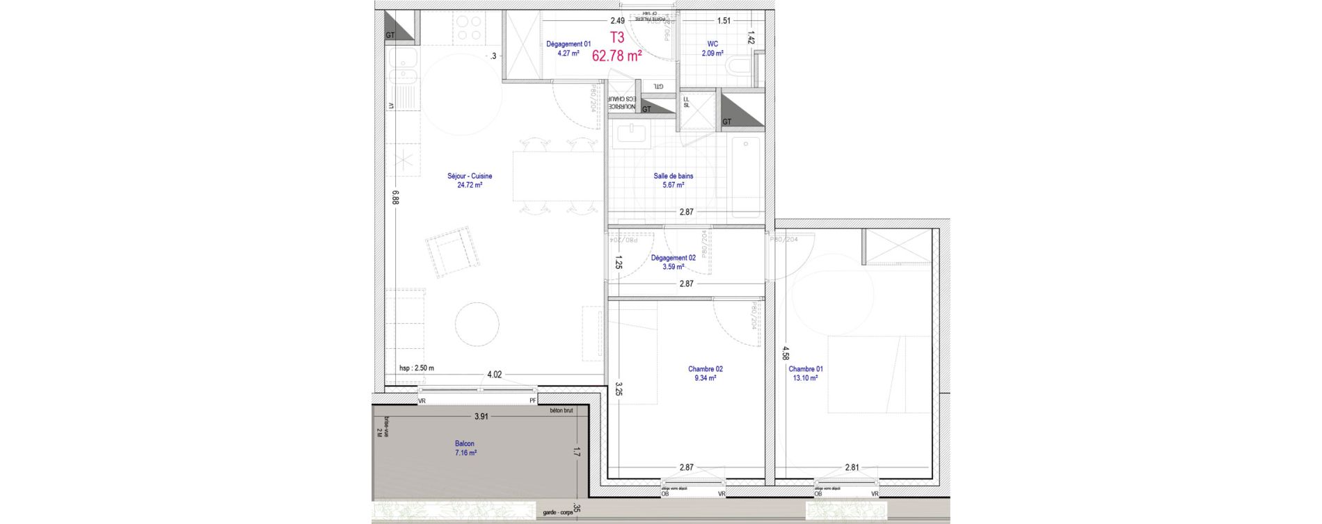 Appartement T3 de 62,78 m2 &agrave; La Madeleine Pompidou - nouvelle madeleine