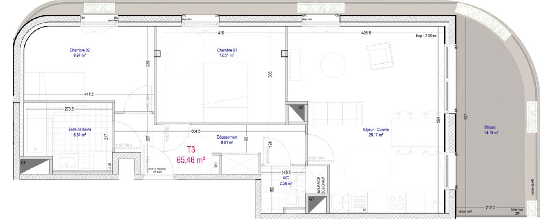 Appartement T3 de 65,46 m2 &agrave; La Madeleine Pompidou - nouvelle madeleine