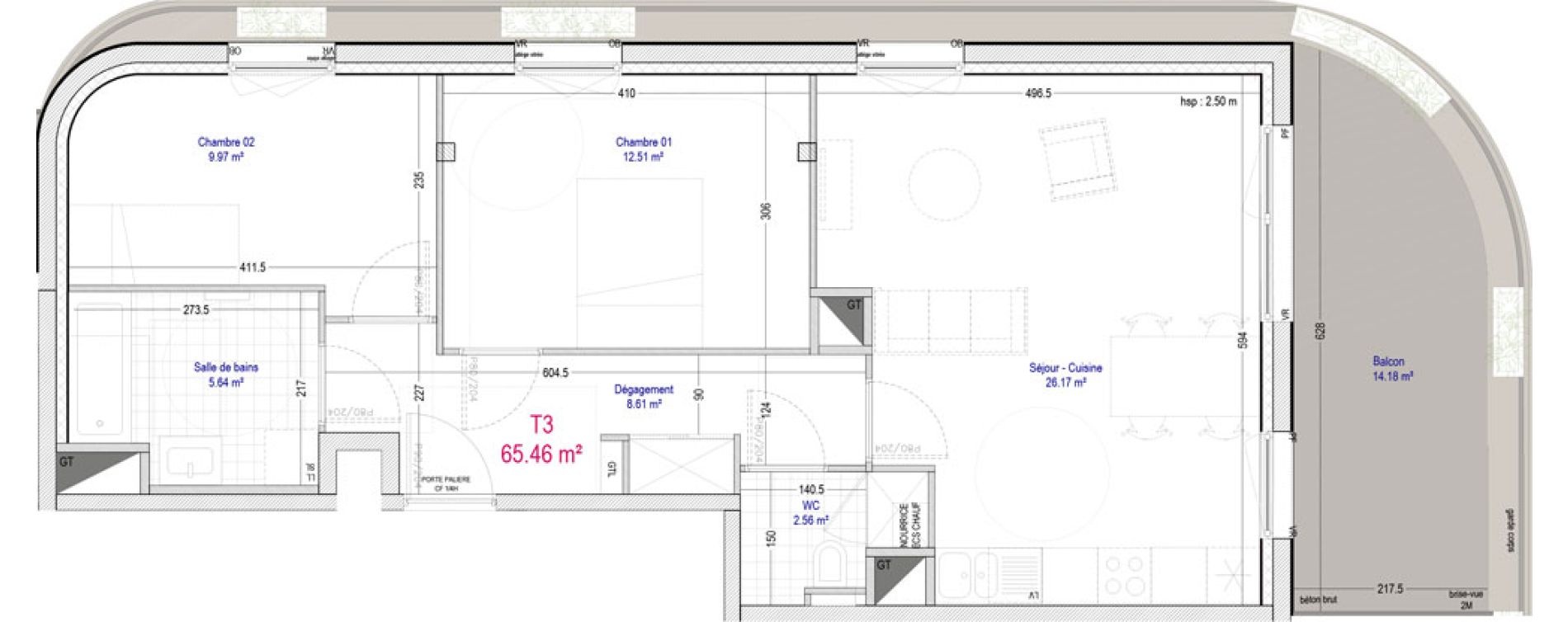 Appartement T3 de 65,46 m2 &agrave; La Madeleine Pompidou - nouvelle madeleine