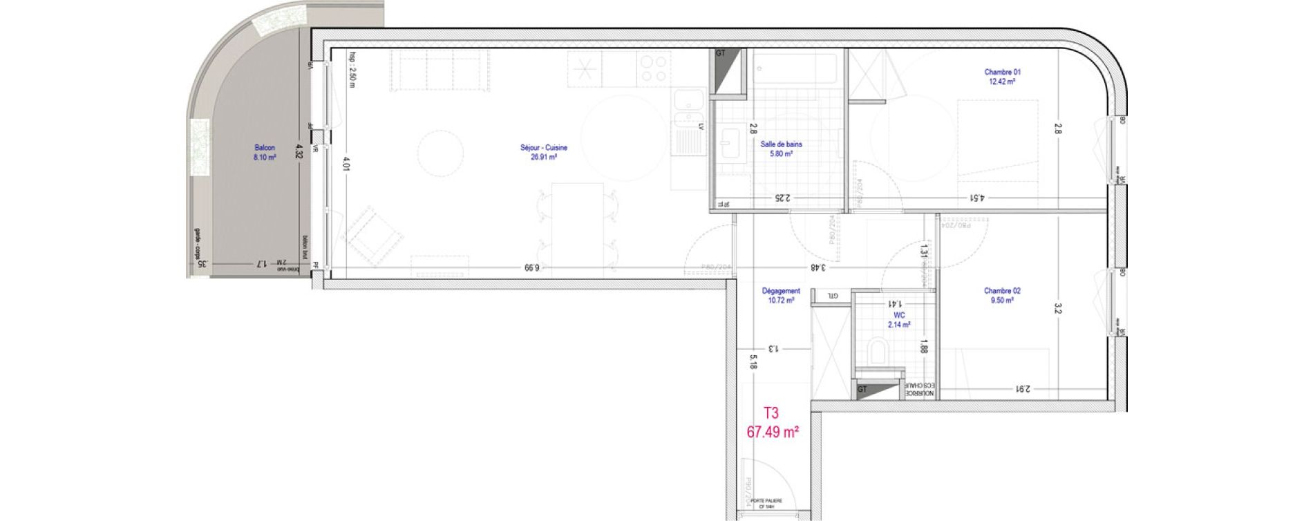 Appartement T3 de 67,49 m2 &agrave; La Madeleine Pompidou - nouvelle madeleine