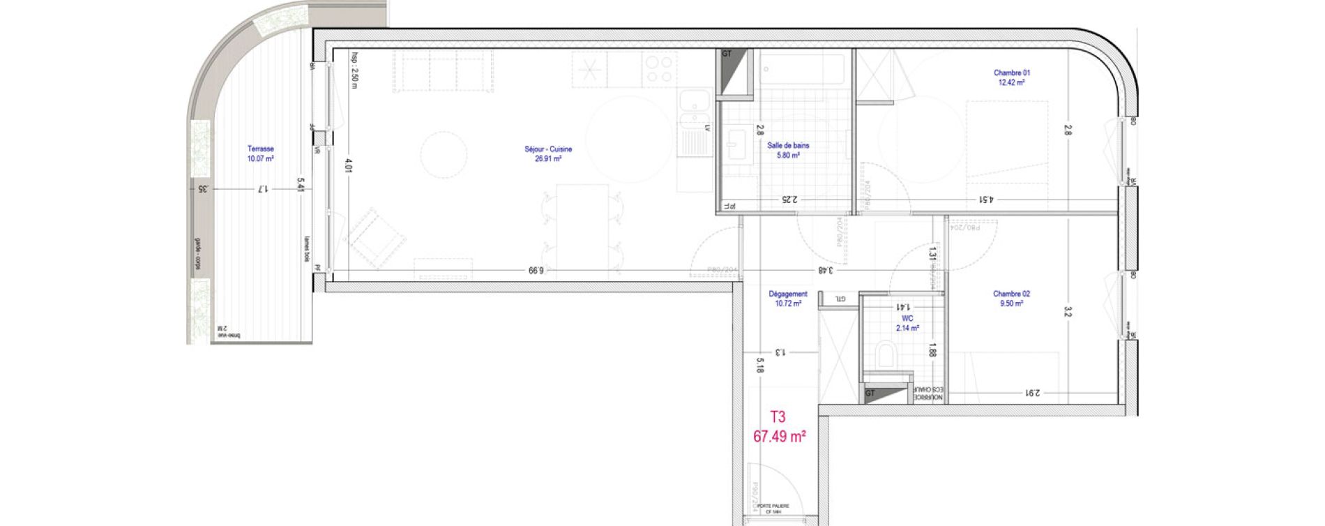 Appartement T3 de 67,49 m2 &agrave; La Madeleine Pompidou - nouvelle madeleine