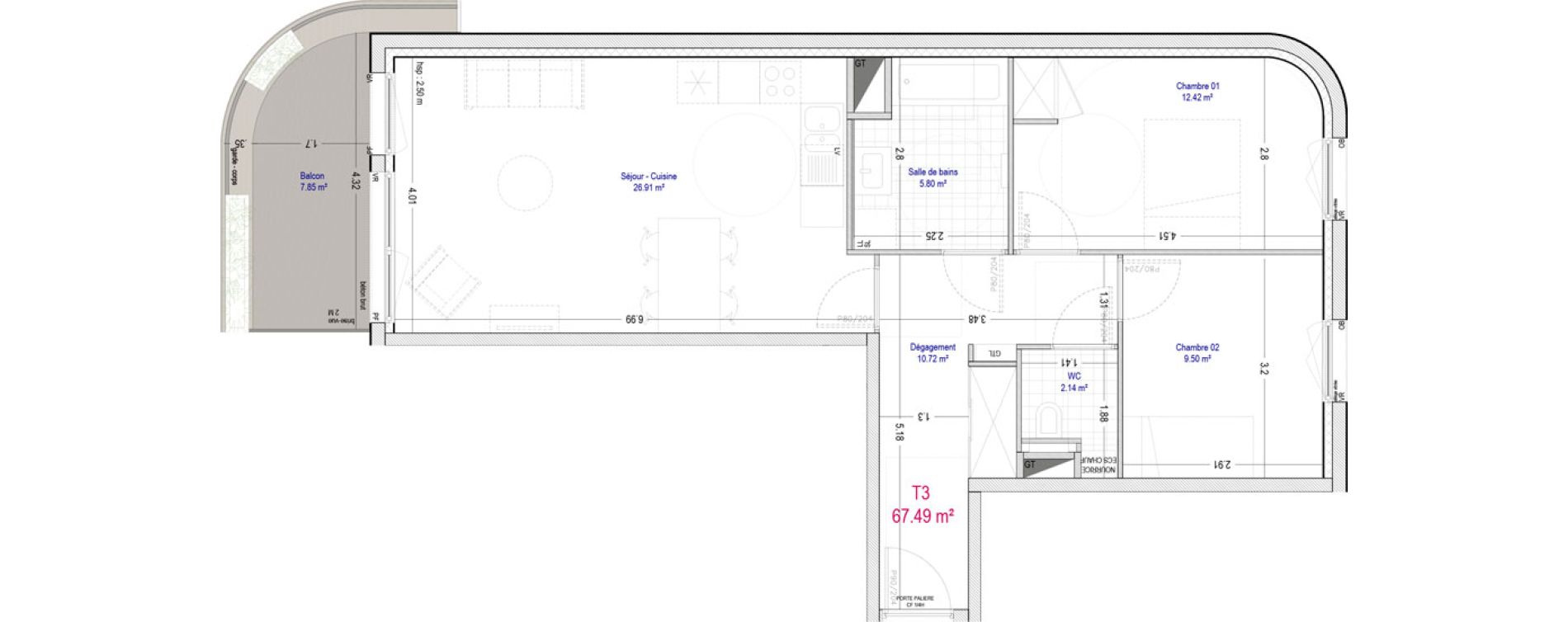 Appartement T3 de 67,49 m2 &agrave; La Madeleine Pompidou - nouvelle madeleine