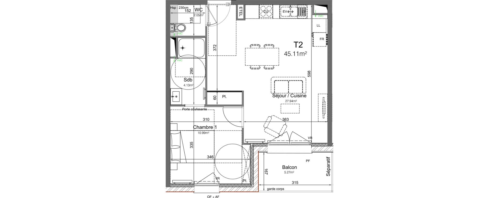 Appartement T2 de 45,11 m2 &agrave; Leers Centre