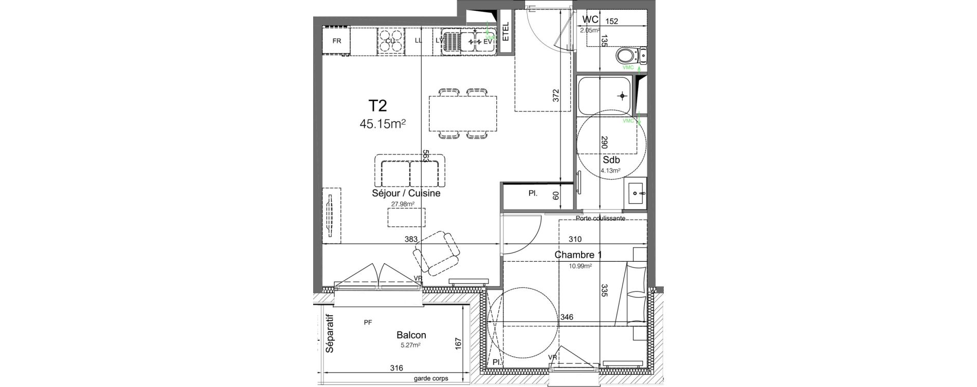 Appartement T2 de 45,15 m2 &agrave; Leers Centre