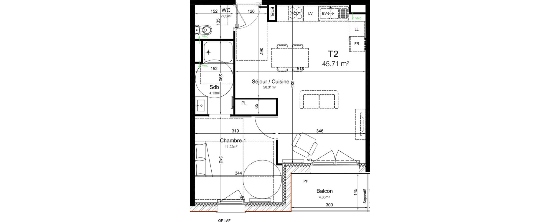 Appartement T2 de 45,71 m2 &agrave; Leers Centre