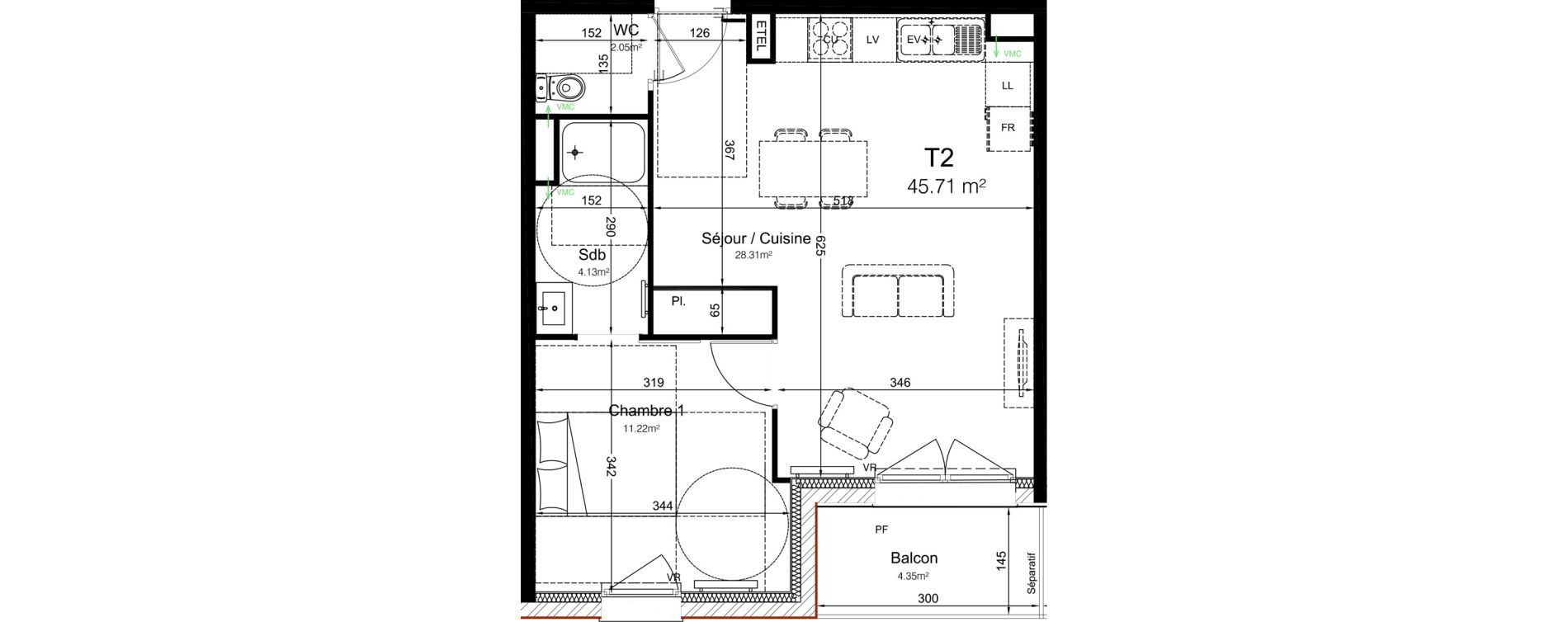 Appartement T2 de 45,71 m2 &agrave; Leers Centre