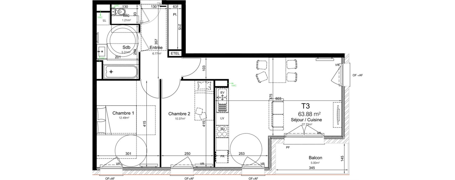 Appartement T3 de 63,88 m2 &agrave; Leers Centre