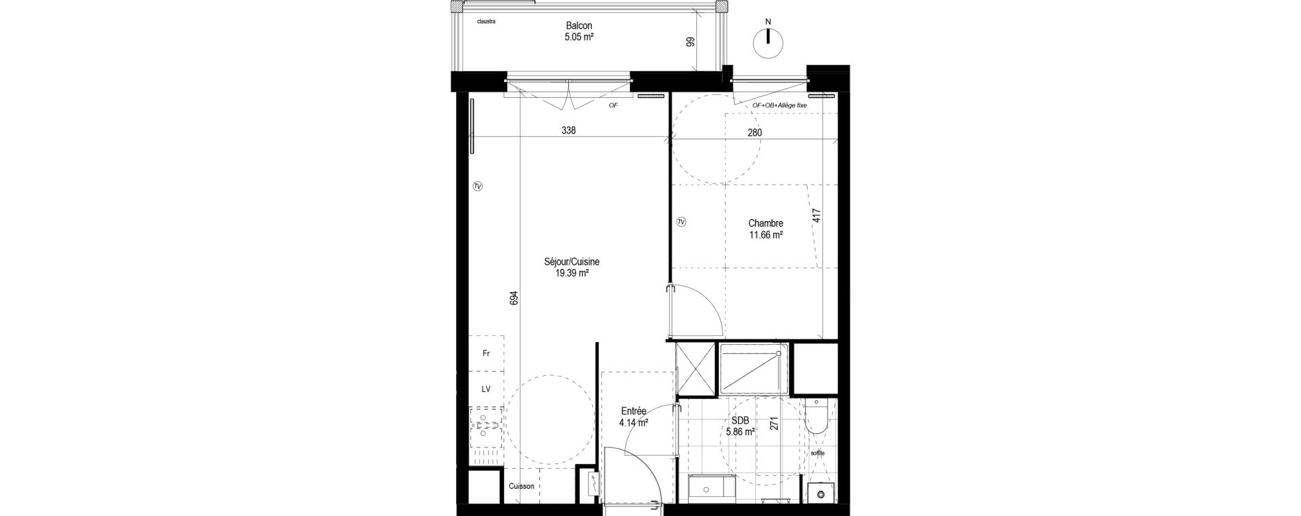 Appartement T2 de 41,05 m2 &agrave; Lesquin Centre
