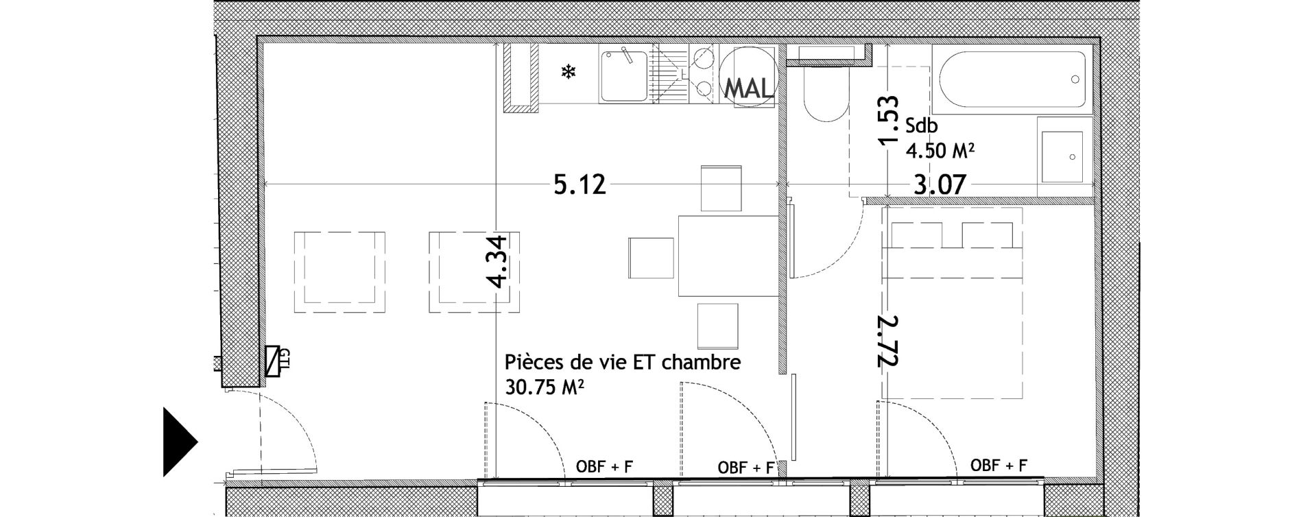 Appartement T1 bis de 35,25 m2 &agrave; Lille Wazemmes