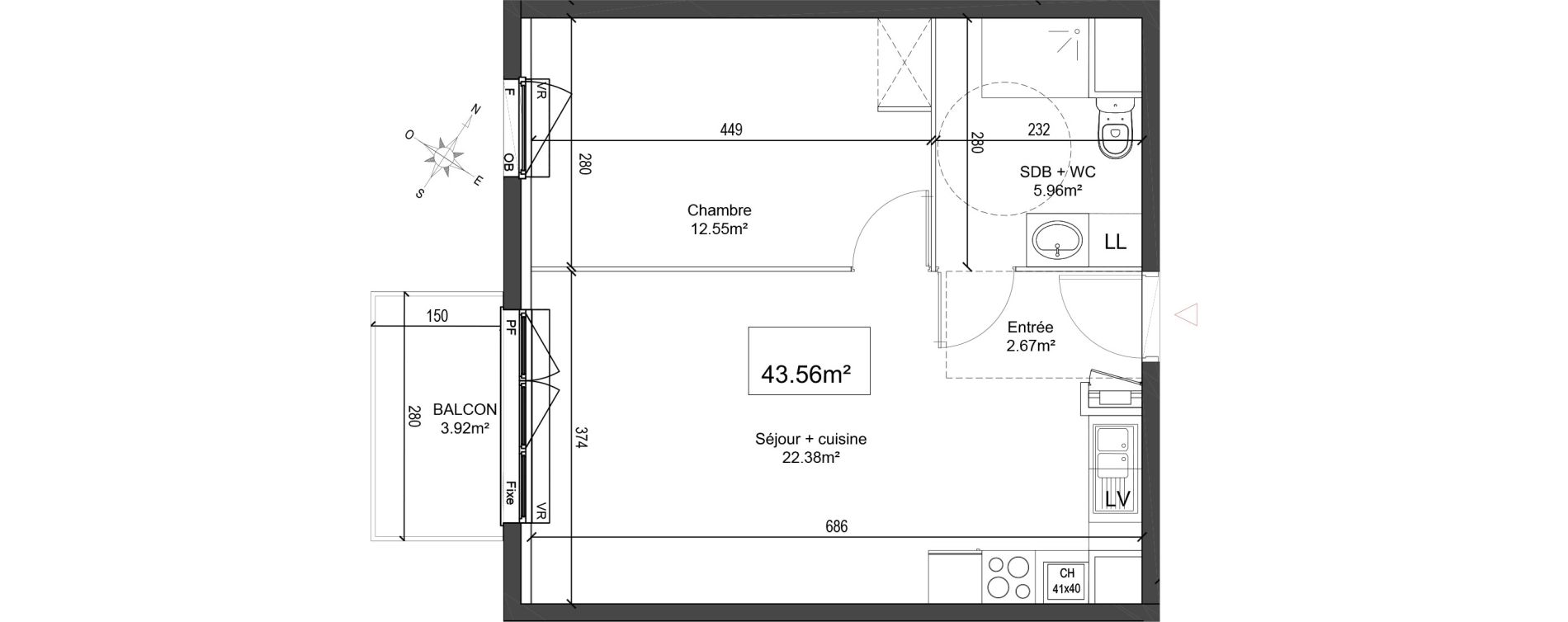 Appartement T2 de 43,56 m2 &agrave; Linselles Centre